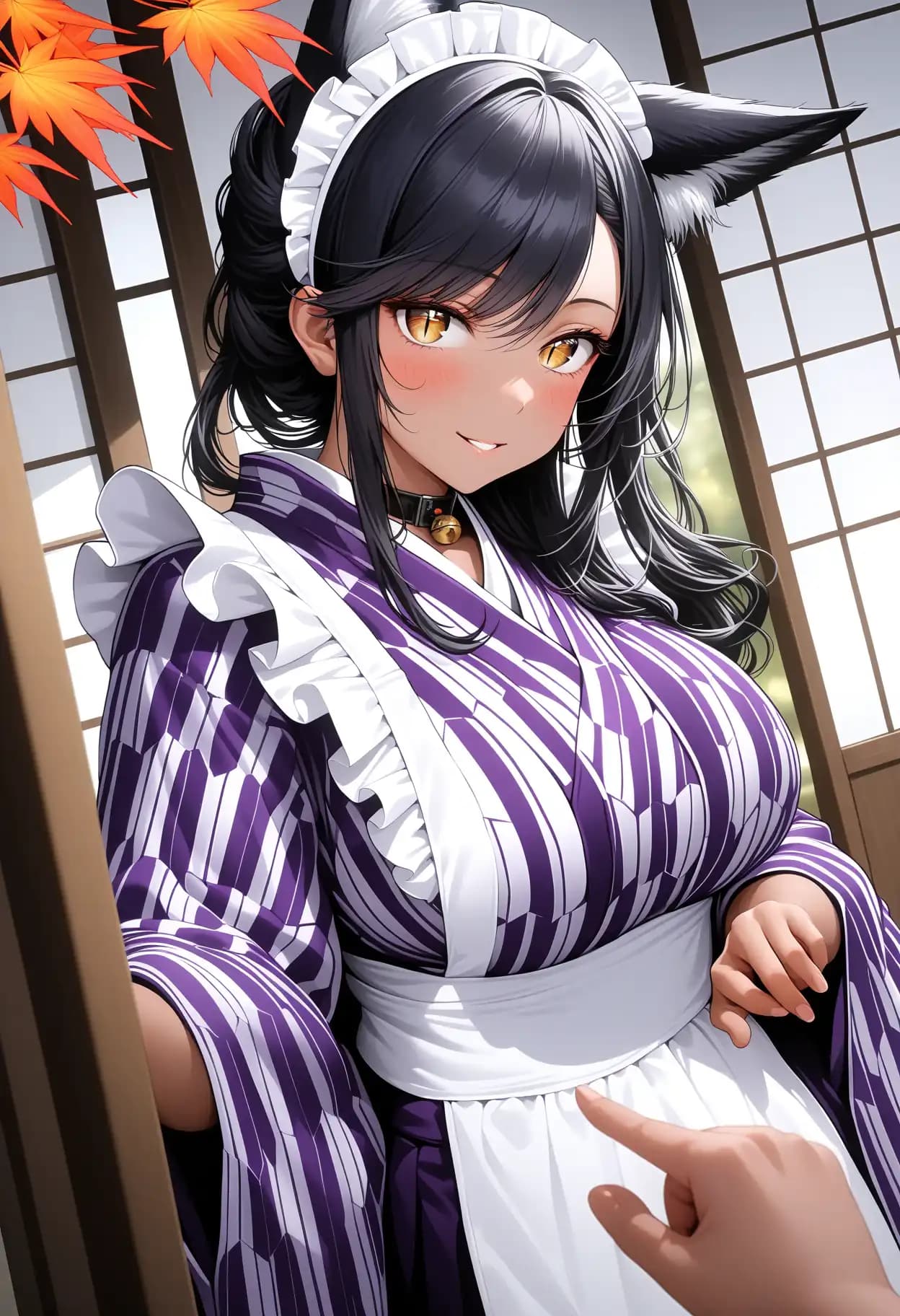 「和メイドの格好（パン屋の制服にしてるらしい？）着替えなかったの？😅」
今日はいつもより動いておらんしの😊
近寄って匂い嗅いでみぃ?!😏💓
…というのは冗談じゃ😜
主どのの為に着替えたんじゃよ😘💕

#ジャッカル娘 #和メイド #矢絣 #矢絣袴 #袴 #惠體 #刑事π #魅惑の腰つき #刑事Siri #DaysAI 